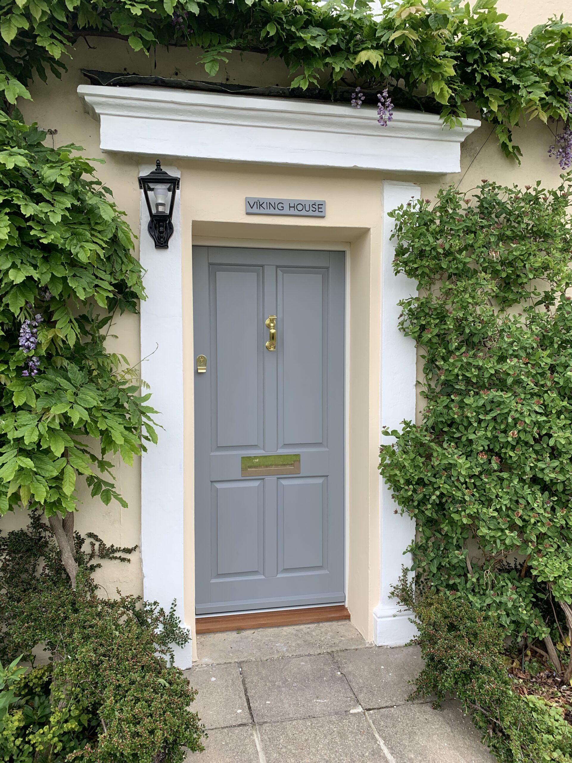 Grey/blue timber entrance door by Kings Stag Joinery